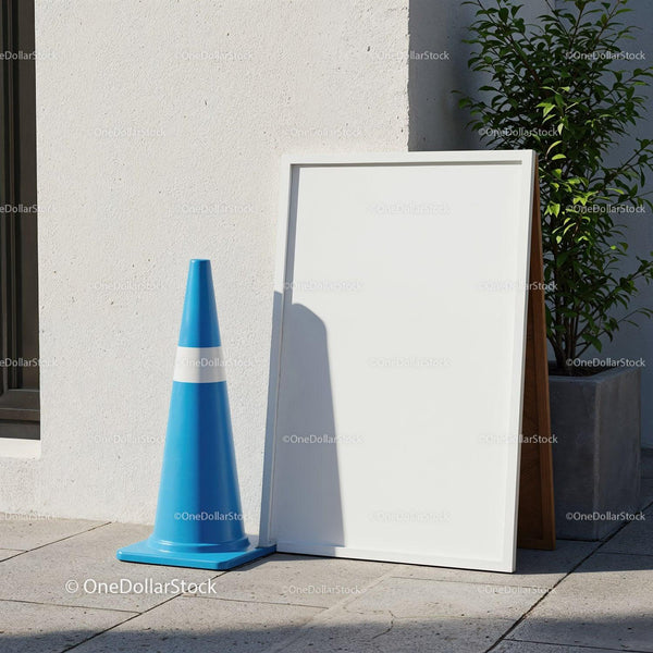 Blank White Signboard with Blue Traffic Cone Outdoors JPG Mockup Image
