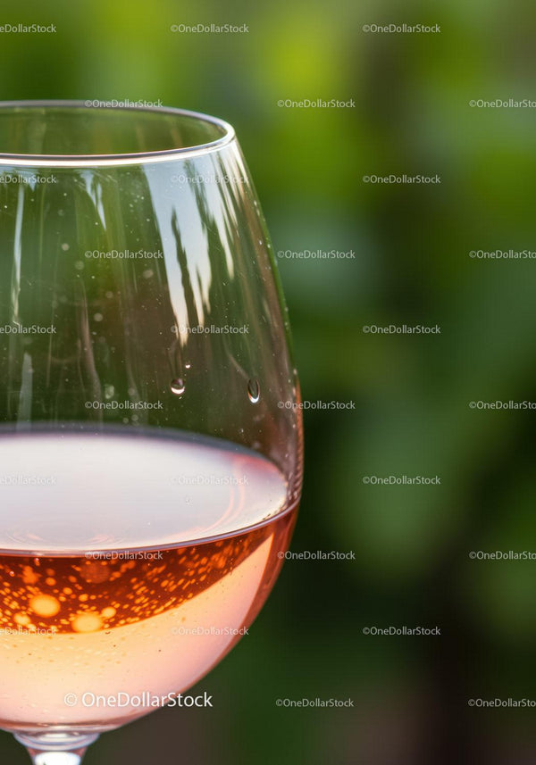 Glass of rose wine with bubbles against green background