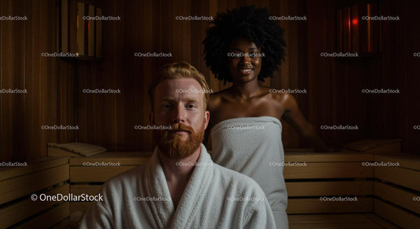 Relaksująca sesja w saunie z mężczyzną i kobietą w ręcznikach w drewnianym pokoju spa