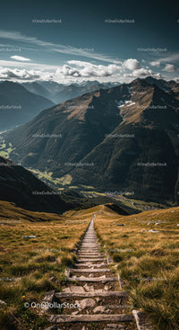 Majestic Mountain Landscape with Rocky Trail and Green Valleys