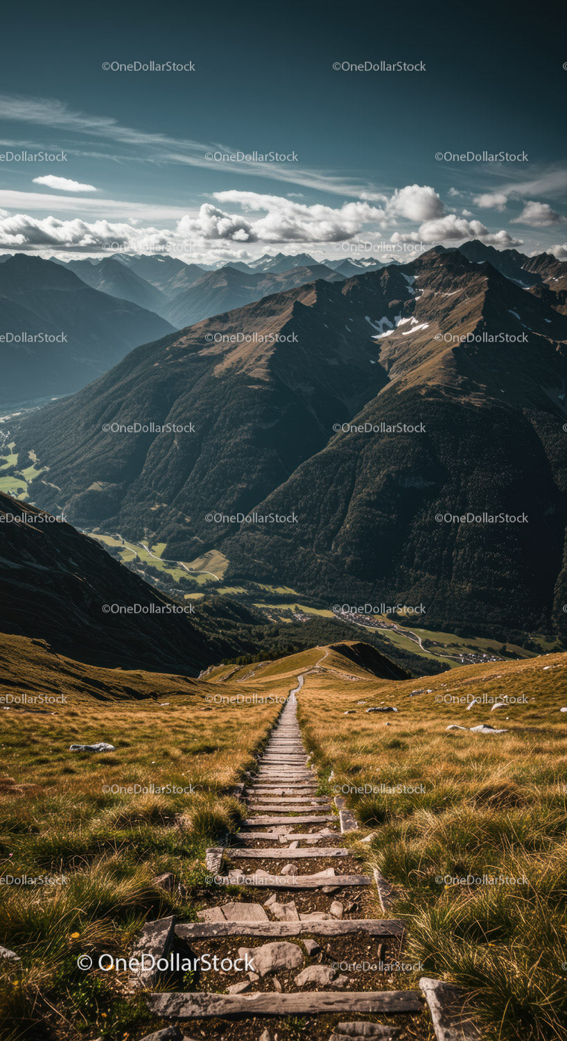 Majestic Mountain Landscape with Rocky Trail and Green Valleys