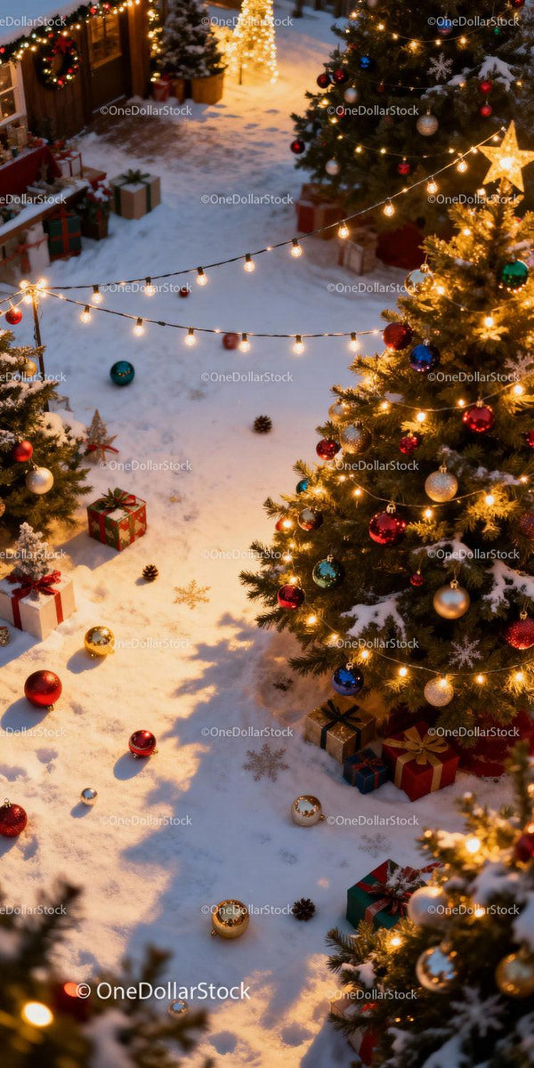 Festive Christmas Street with Lights and Snowy Trees