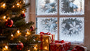 Cozy Christmas Gifts Near Frosted Window with Tree