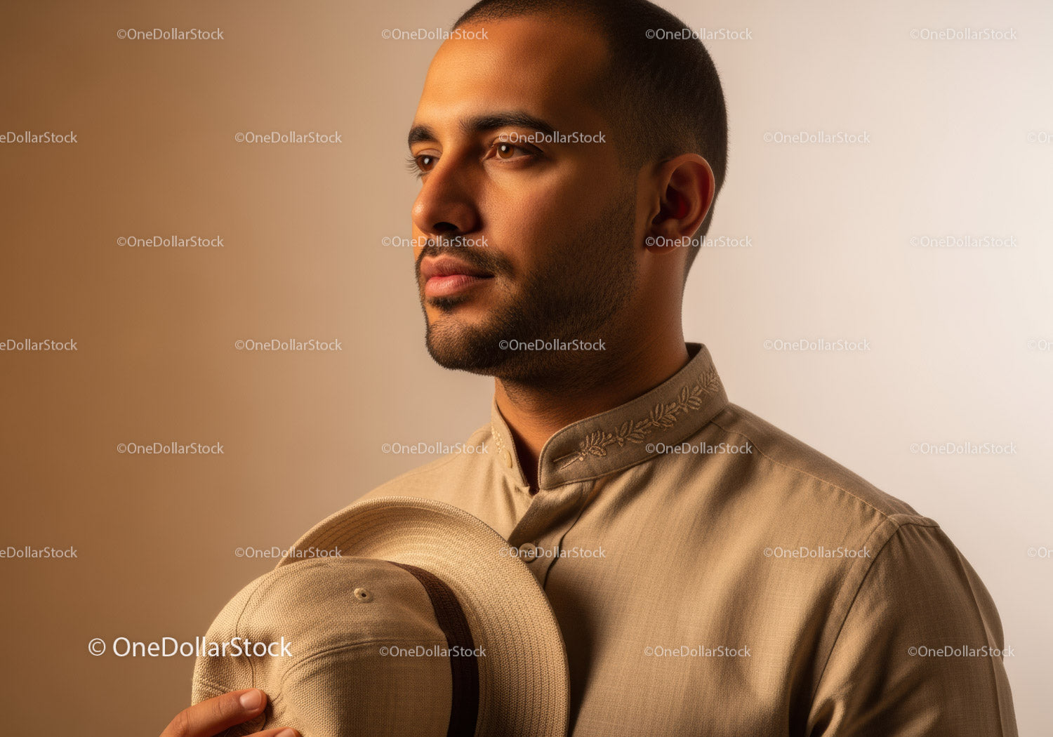 Male Portrait in Beige Shirt Holding Fedora Hat with Warm Lighting