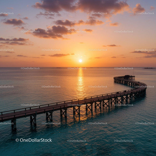 Beautiful Sunset Over Pier Extending Into Calm Ocean