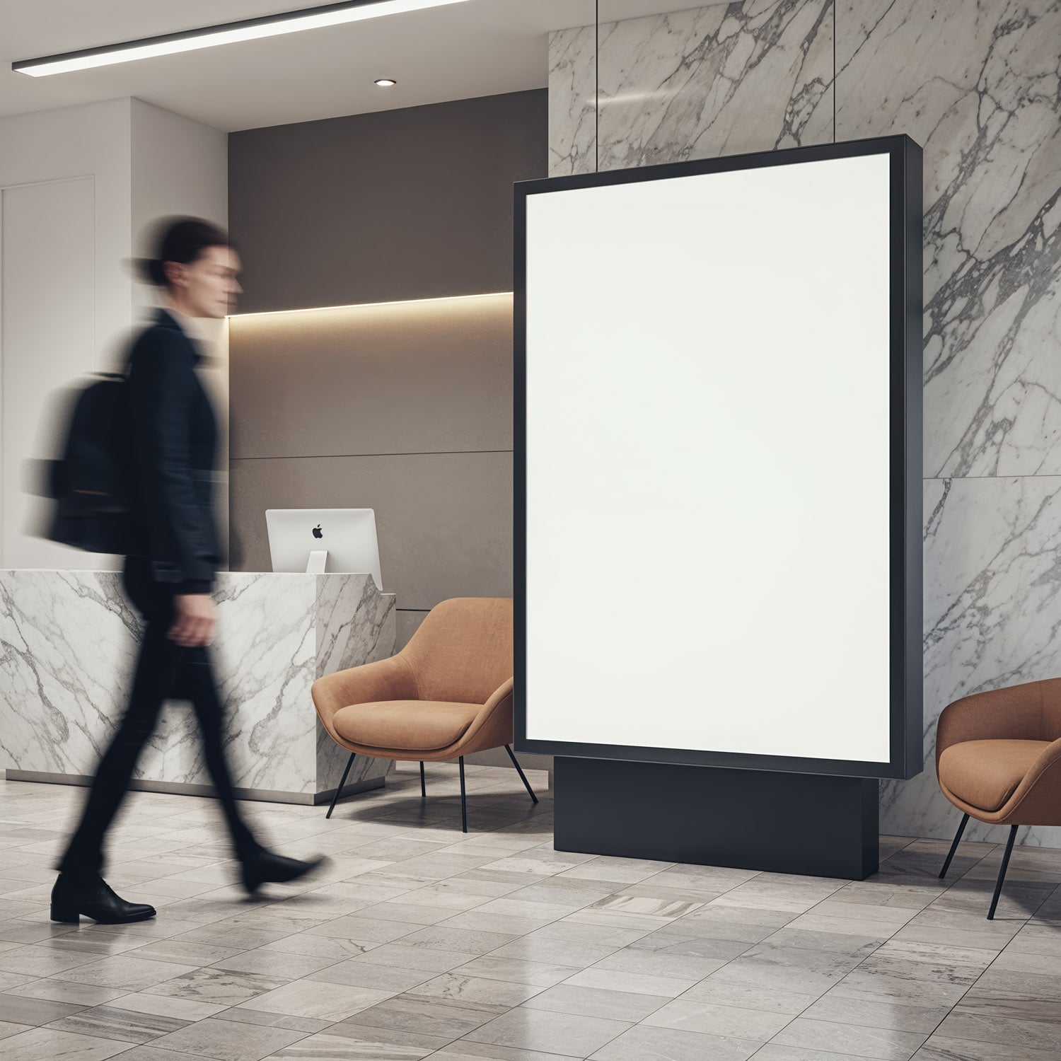 Modern Office Lobby with Blank Advertising Display