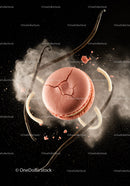 Cracked pink macaron surrounded by vanilla pods and powder