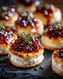Gourmet Crostini with Cheese and Red Pepper Jelly on Rustic Platter
