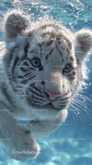 White tiger cub swimming underwater with piercing blue eyes