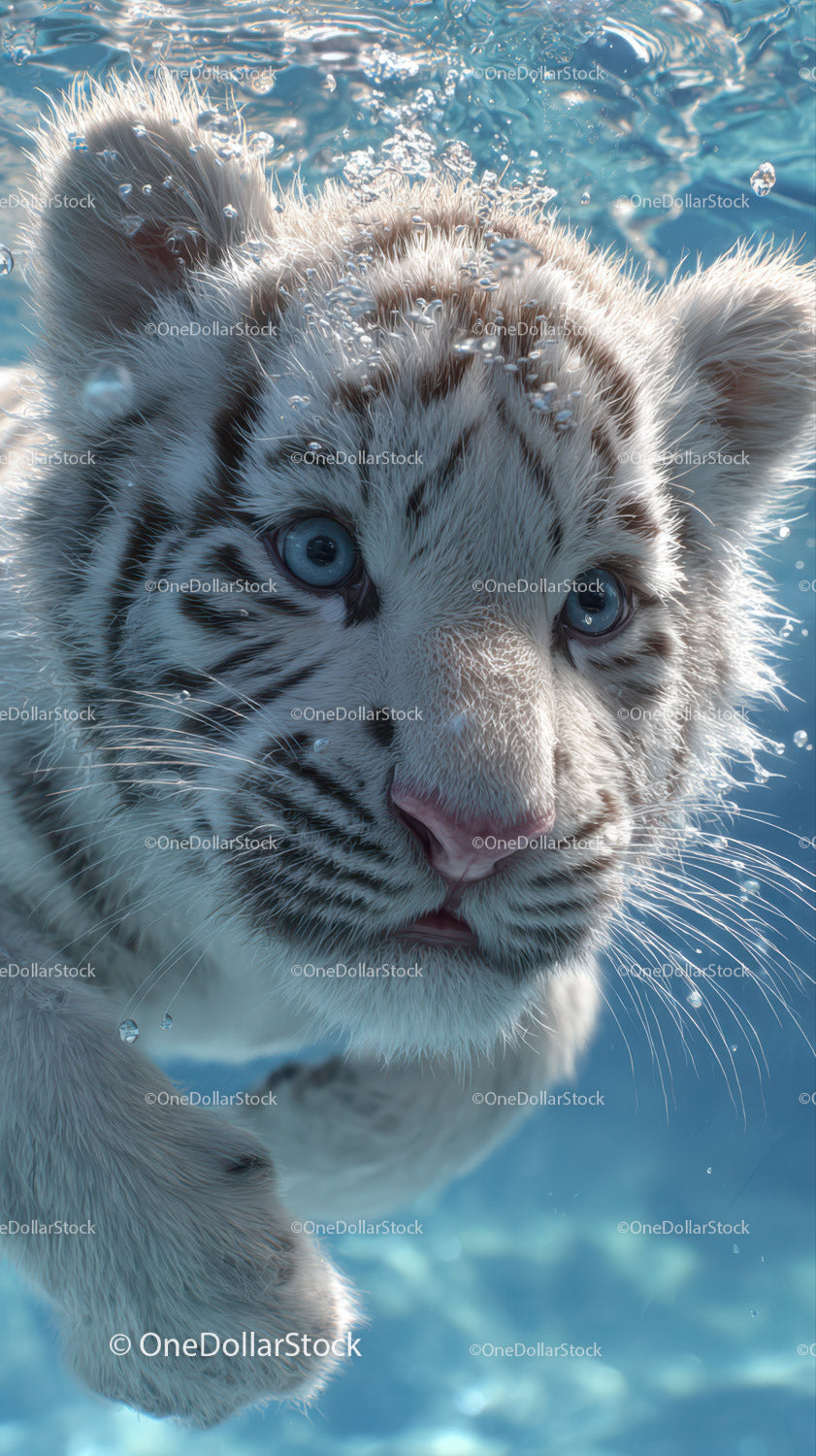 White tiger cub swimming underwater with piercing blue eyes