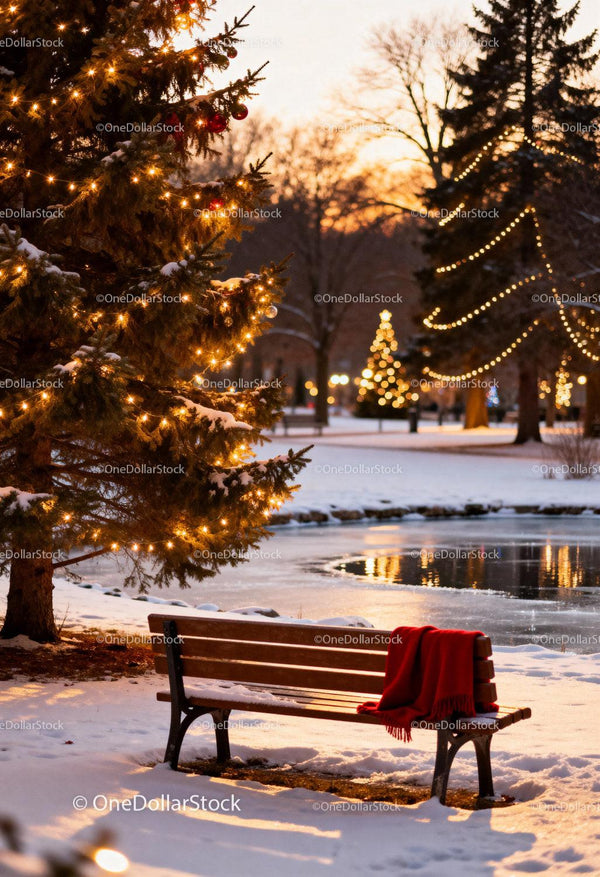 Winter evening with lit Christmas trees by frozen pond