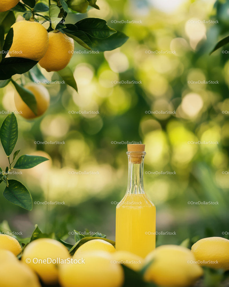 Fresh Lemons and Lemon Juice Bottle in Orchard Scene