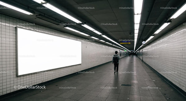 Empty Subway Tunnel with White Tiled Walls and Fluorescent Lights JPG Mockup Image