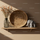 Minimalist shelf with dried flowers woven basket and elephant toy