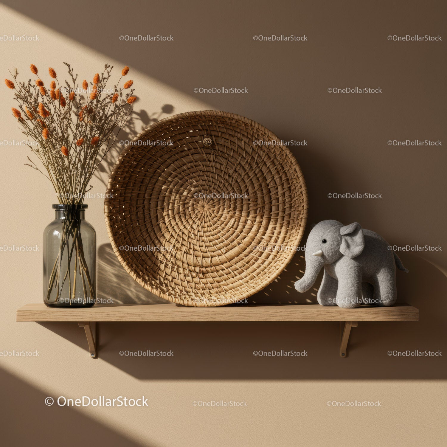 Minimalist shelf with dried flowers woven basket and elephant toy