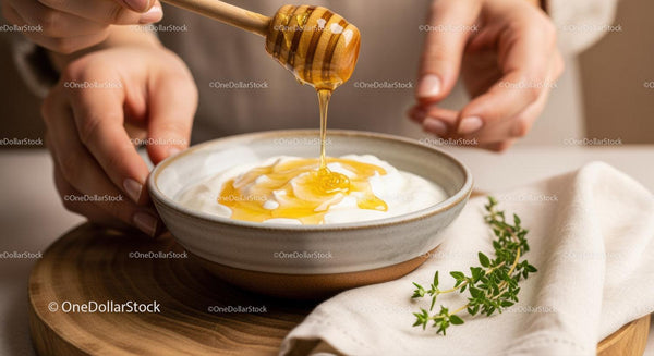 Creamy yogurt with honey drizzle and fresh herbs on rustic plate