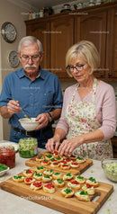 Elderly couple preparing colorful homemade appetizers together