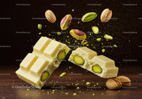 White chocolate pieces with vibrant pistachios scattered