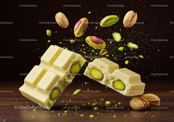 White chocolate pieces with vibrant pistachios scattered