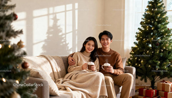 Couple enjoying hot drinks by the cozy Christmas tree