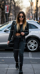 Young woman walking confidently on urban street