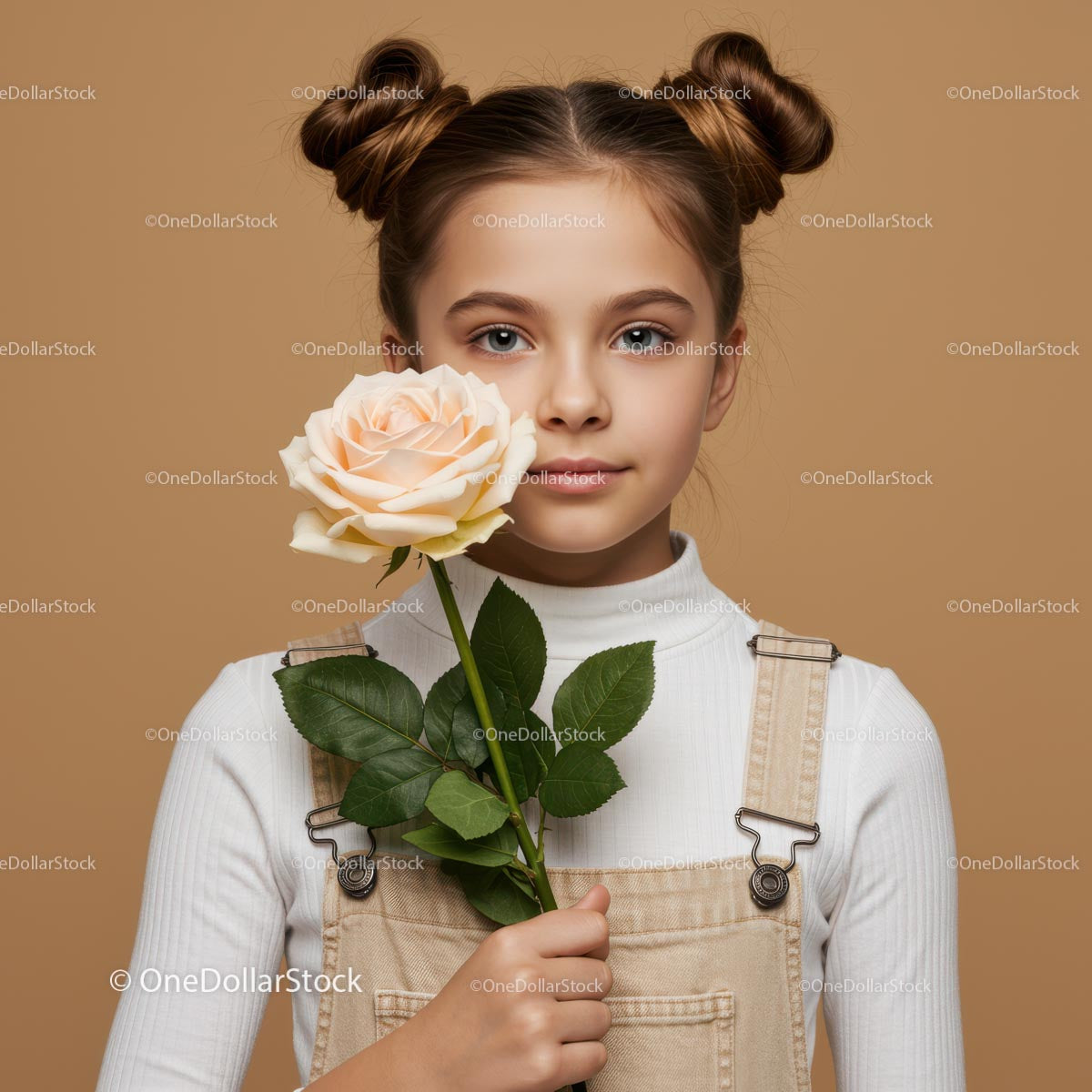Portret młodej dziewczyny trzymającej kremową różę na ciepłym tle