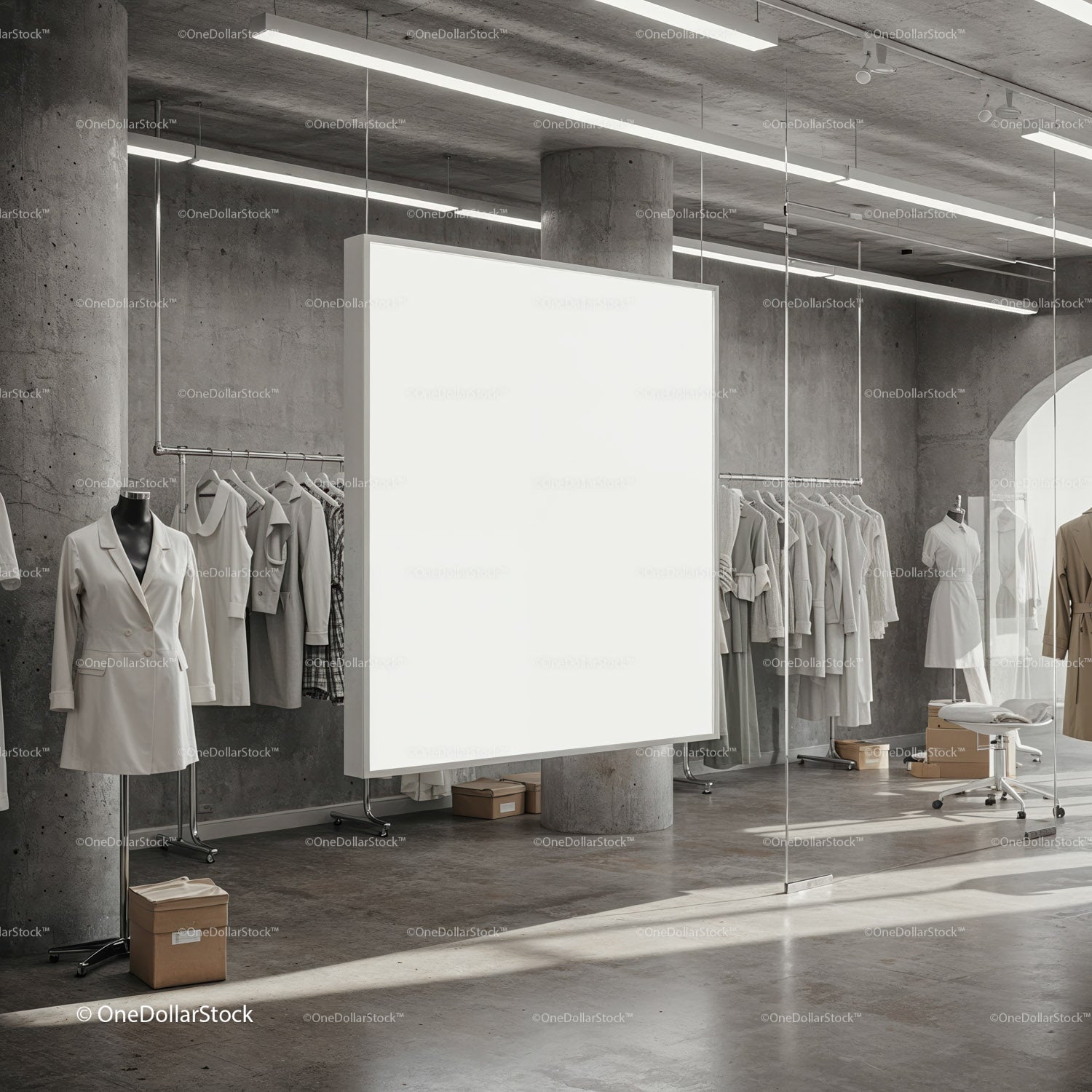 Minimalist Fashion Studio with Neutral Clothing Display