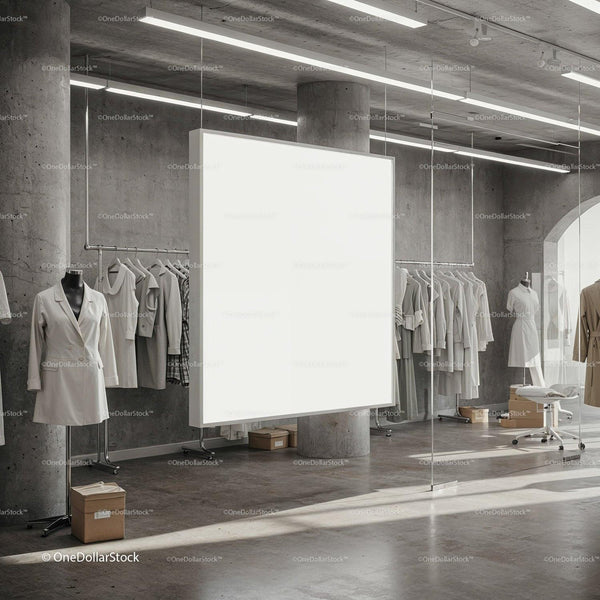 Minimalist Fashion Studio with Neutral Clothing Display JPG Mockup Image