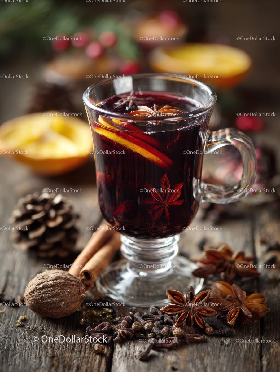 Mulled Wine with Spices and Citrus in Rustic Setting