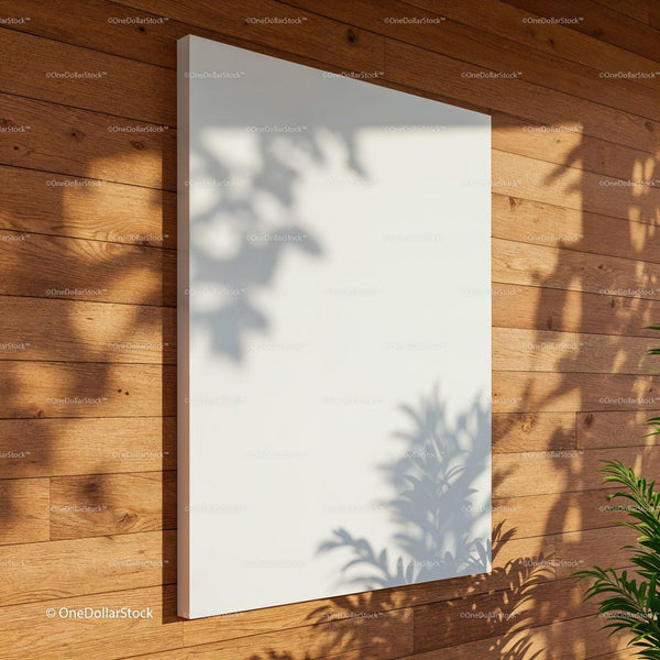 Blank white canvas on warm wooden wall with soft shadows JPG Mockup Image