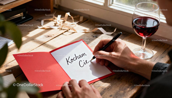 Writing a heartfelt love note beside a glass of red wine