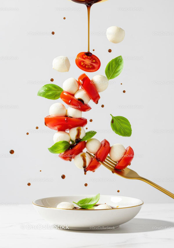 Fresh Caprese Salad Ingredients Flying with Balsamic Drizzle