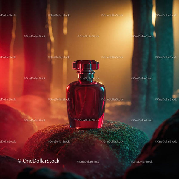 Red Glass Perfume Bottle on Stones in Artistic Colorful Setting JPG Mockup Image