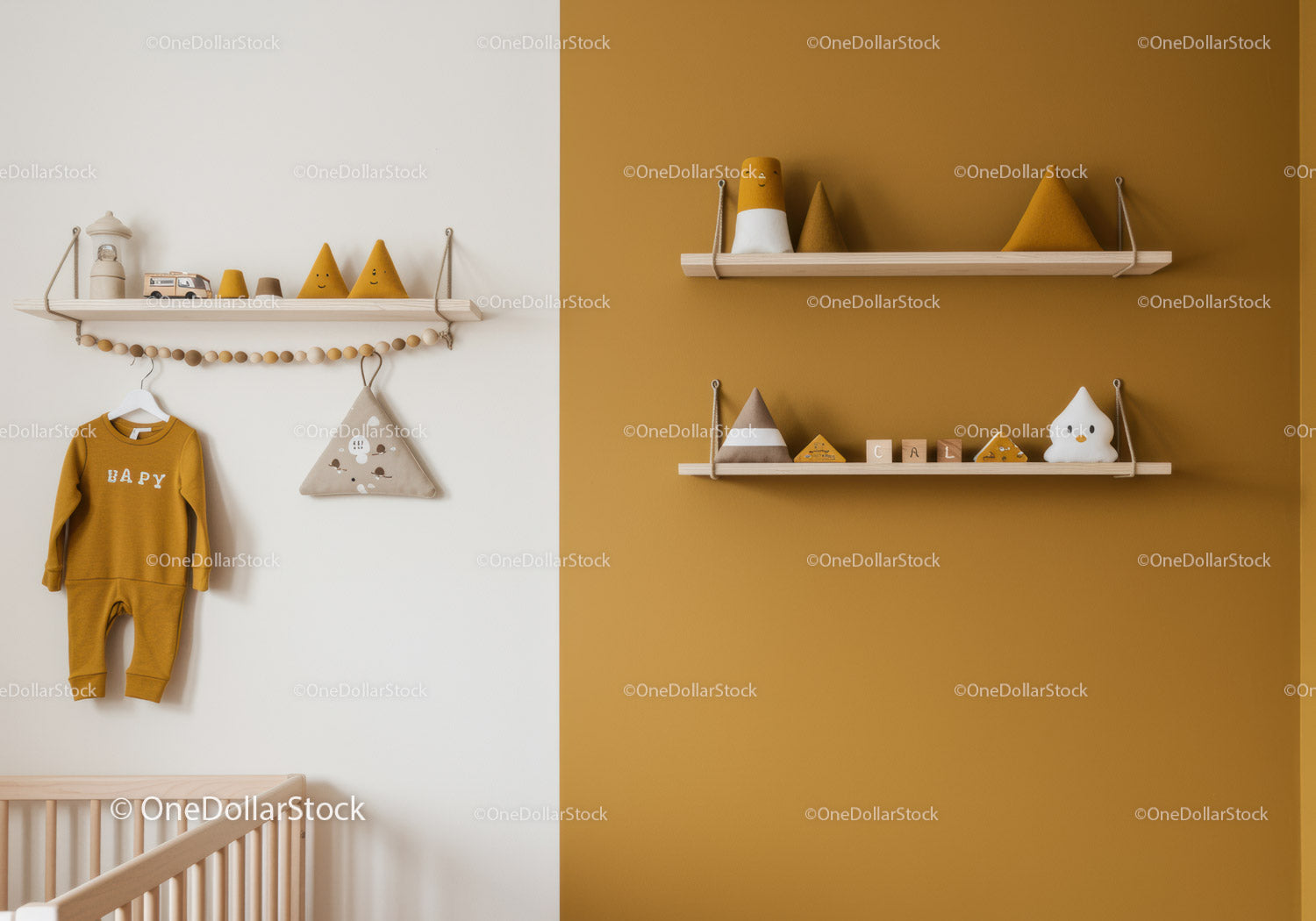 Baby Nursery Decor with Wooden Shelves and Toys in Warm Tones