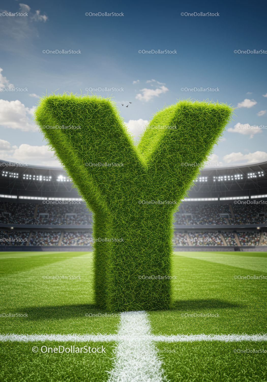 Green Grass Letter Y on Soccer Stadium Field