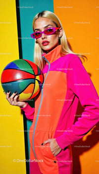 Colorful Fashionable Woman Holding Basketball in Bright Urban Scene
