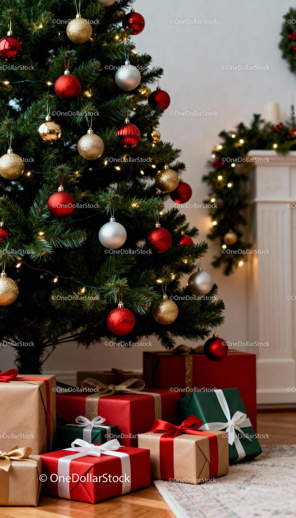 Christmas tree decorated with ornaments and wrapped gifts