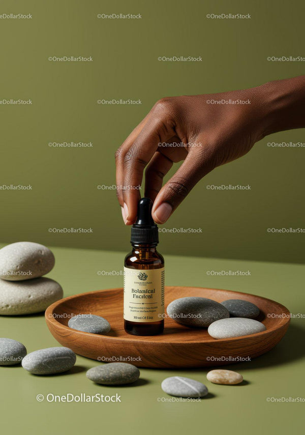 Botanical Facial Serum in Dropper Bottle with Smooth Stones JPG Mockup Image