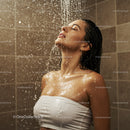 Woman Enjoying Shower with Water Droplets and Wet Hair