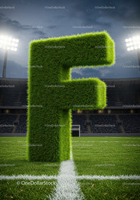 Green grass letter F standing on soccer field