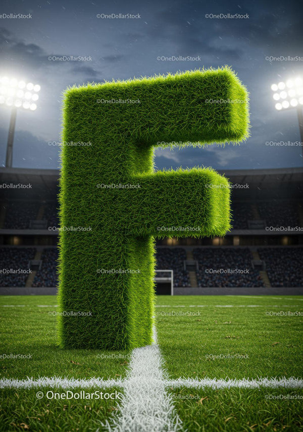 Green grass letter F standing on soccer field