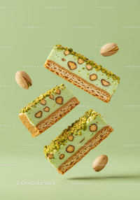 Pistachio nut dessert bars with crunchy biscuit base