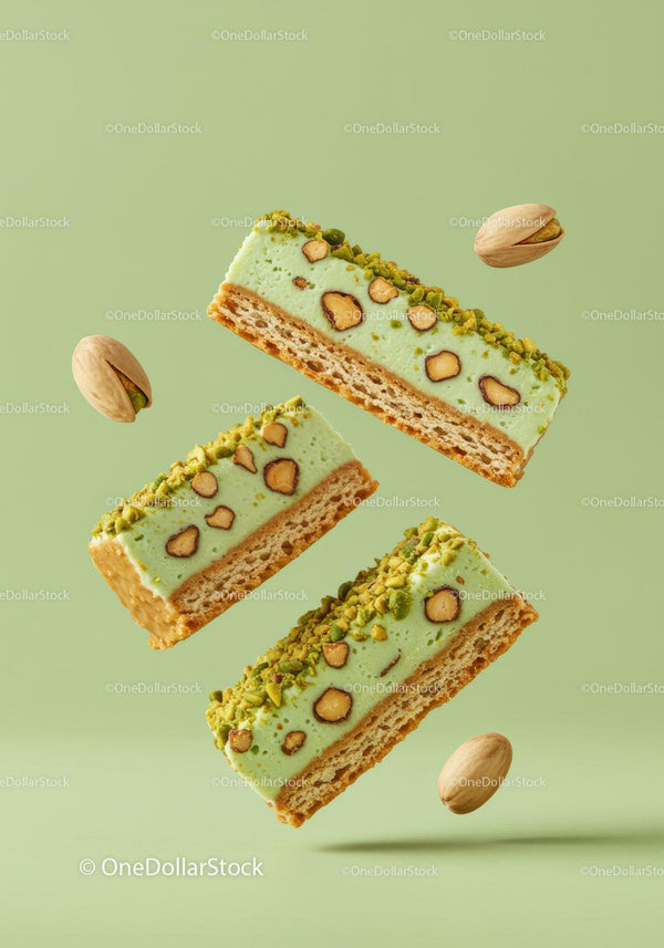 Pistachio nut dessert bars with crunchy biscuit base