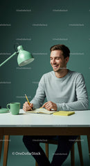 Smiling Young Man at a Modern Desk with Green Accents