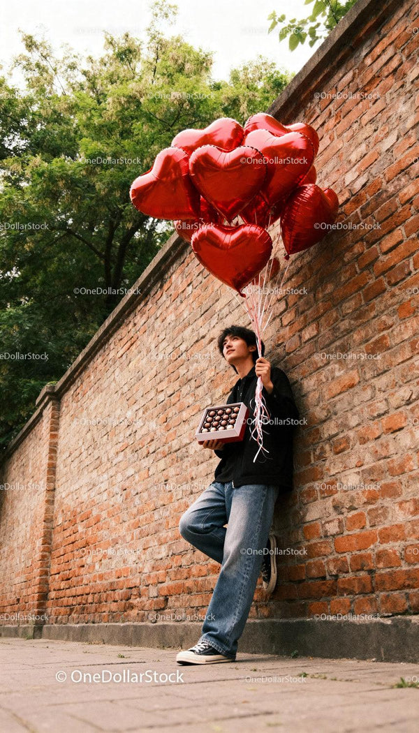 Young man holding heart balloons and chocolates outdoors