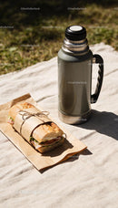 Packed sandwich and thermos flask on picnic blanket