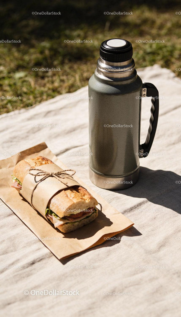 Packed sandwich and thermos flask on picnic blanket