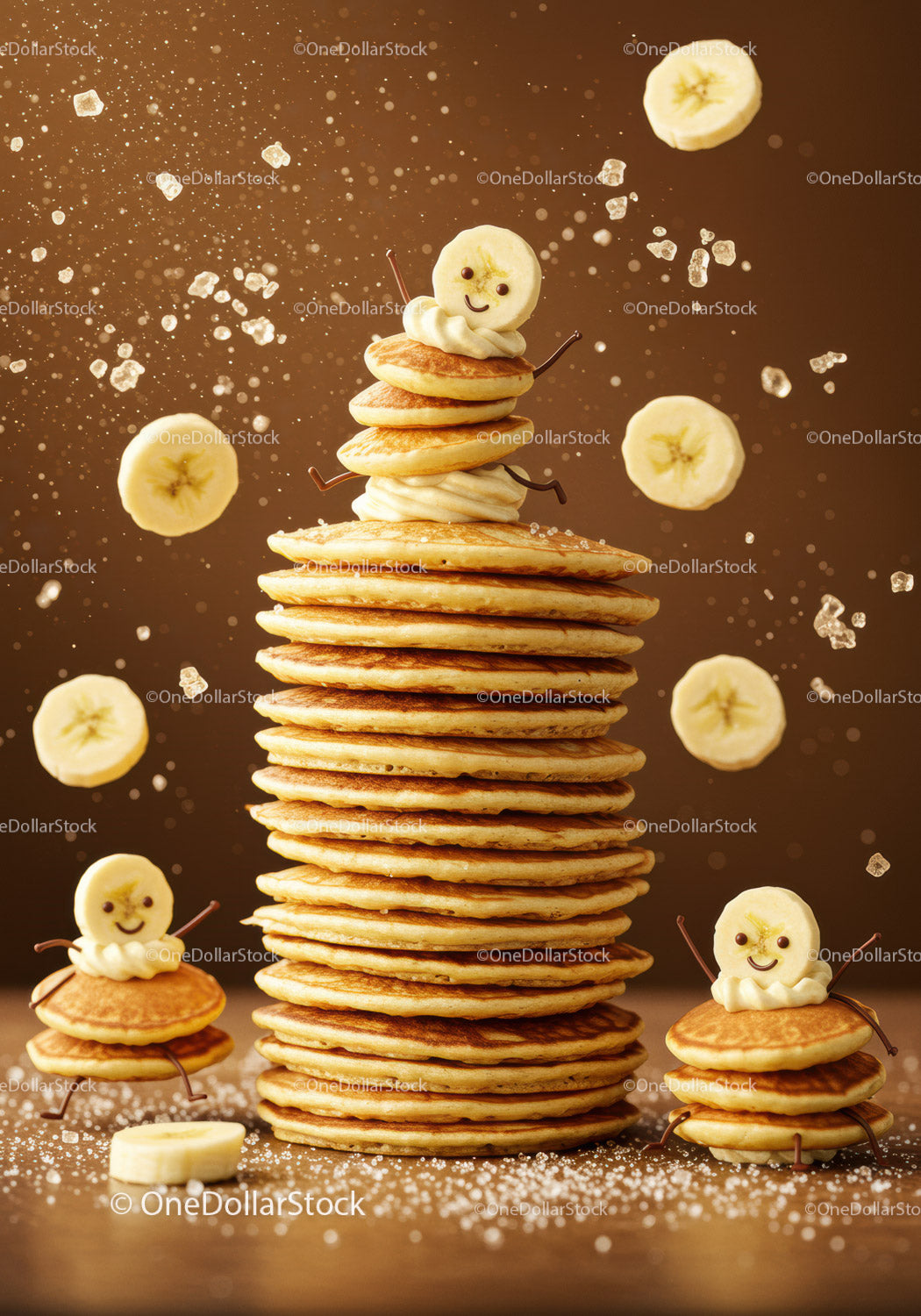 Happy banana pancake characters celebrating with syrup