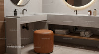 Modern Double Sink Bathroom Vanity with Beige Stone Countertop and Decor