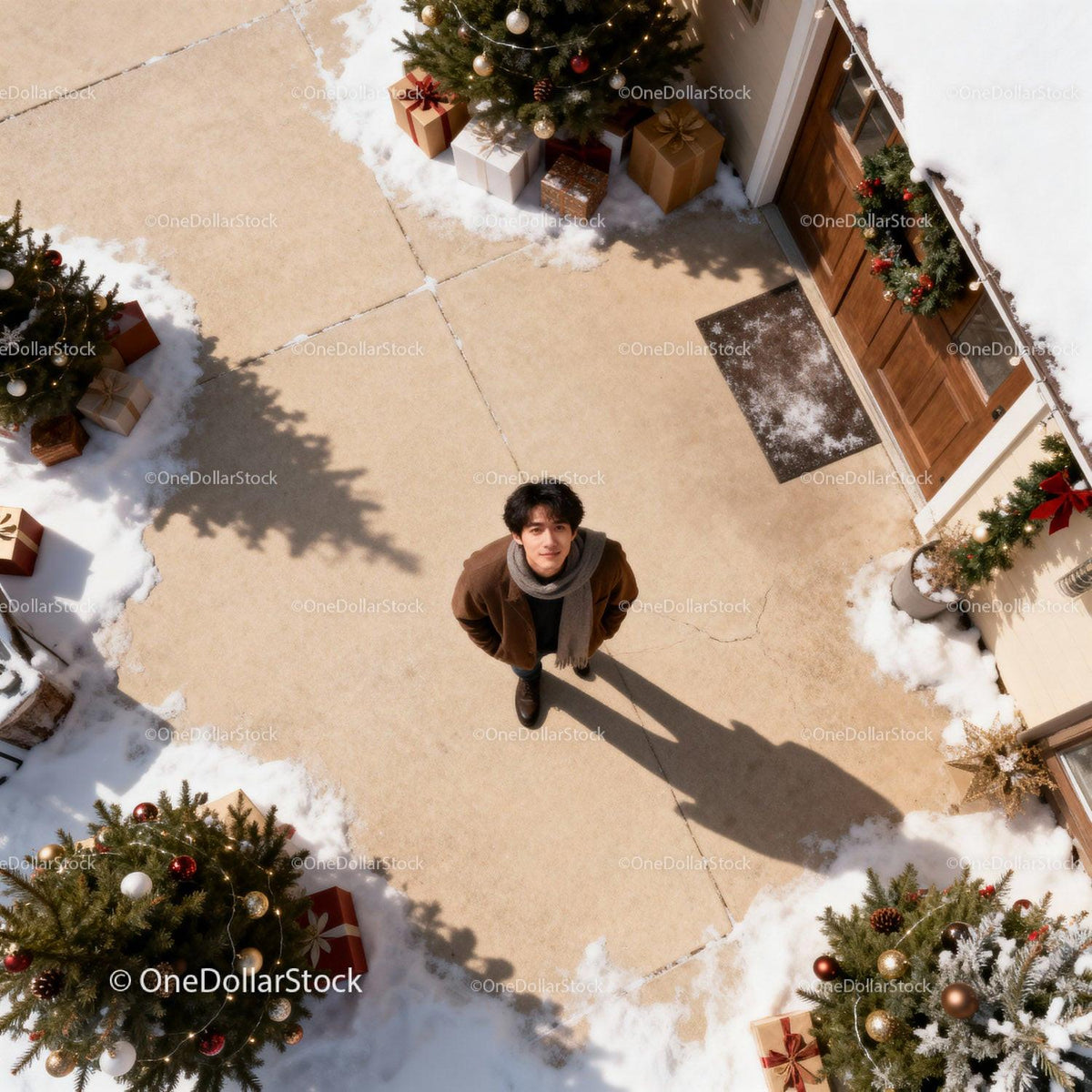 Young man enjoying winter holiday decorations outdoors